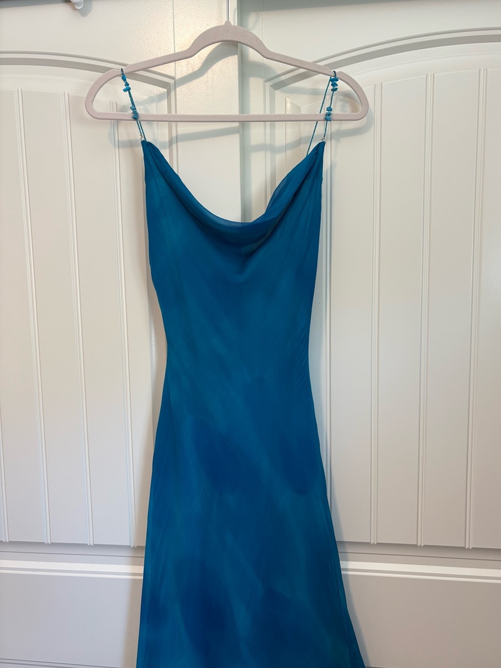VTG Caché Beaded Silk Aqua Blue Asymmetric Ruffle Gown Size 10 Y2K Mermaid rare - Picture 2 of 12